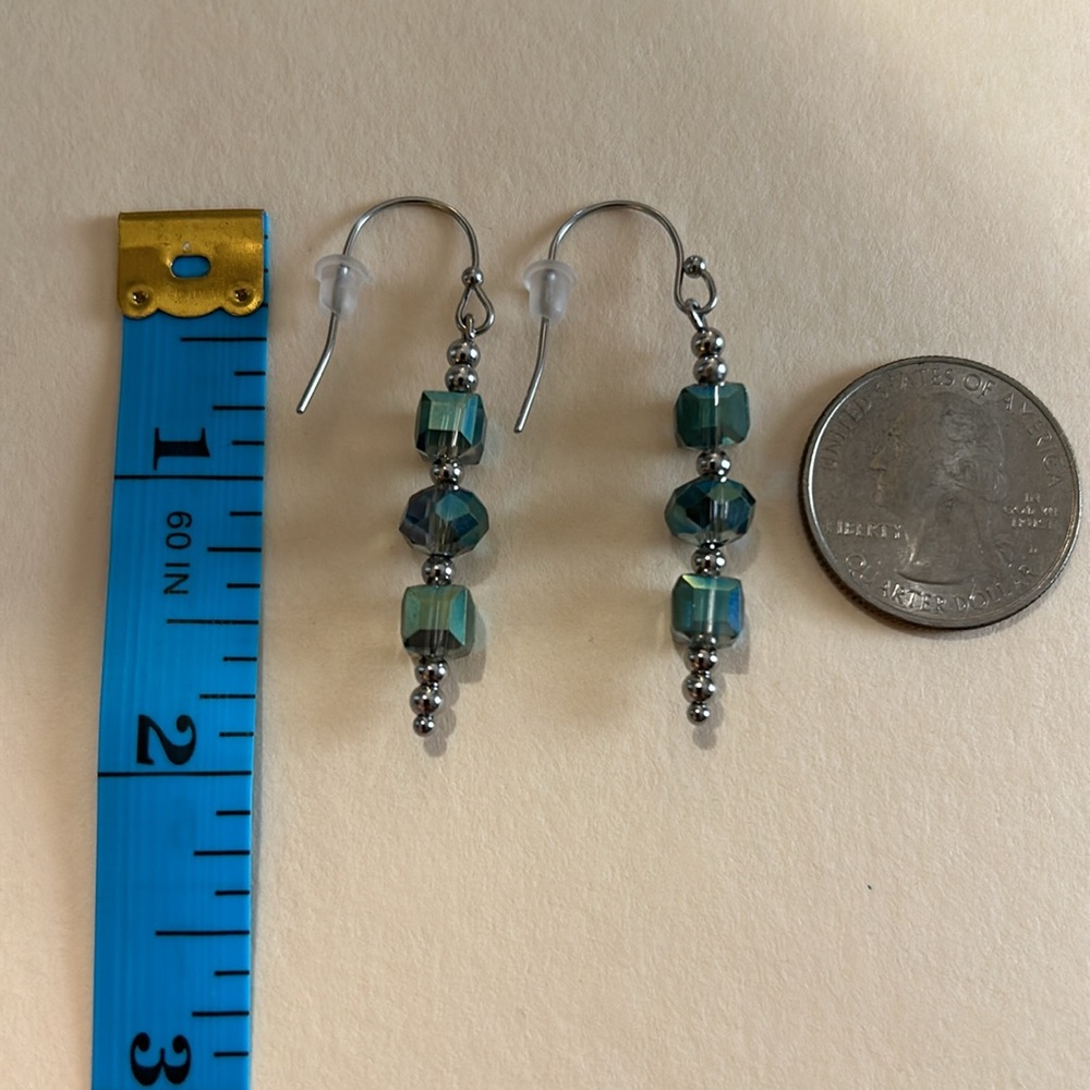 Handmade 💚Aqua Green Faceted Rondelle Earrings - Picture 5 of 6